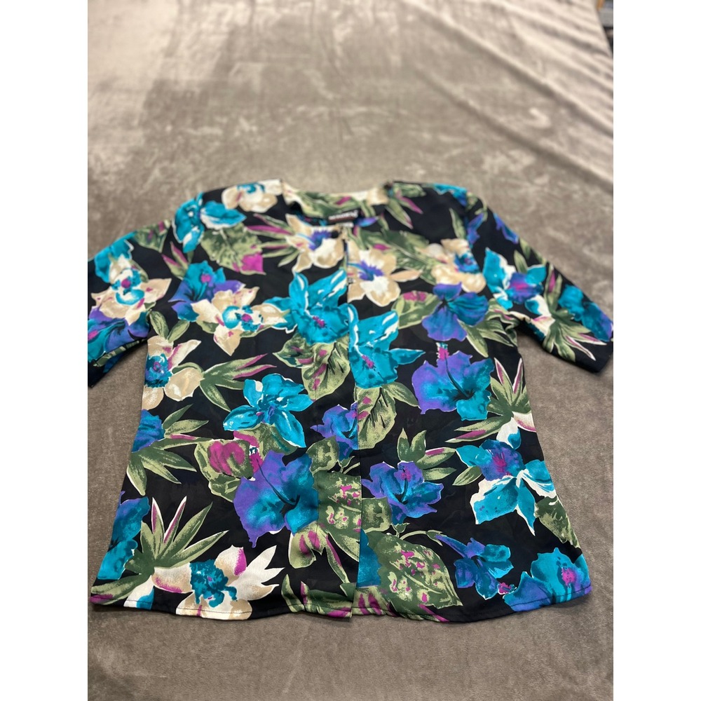 Notations Vintage Floral Blouse Short Sleeve Button Front Tropical Black Blue 14